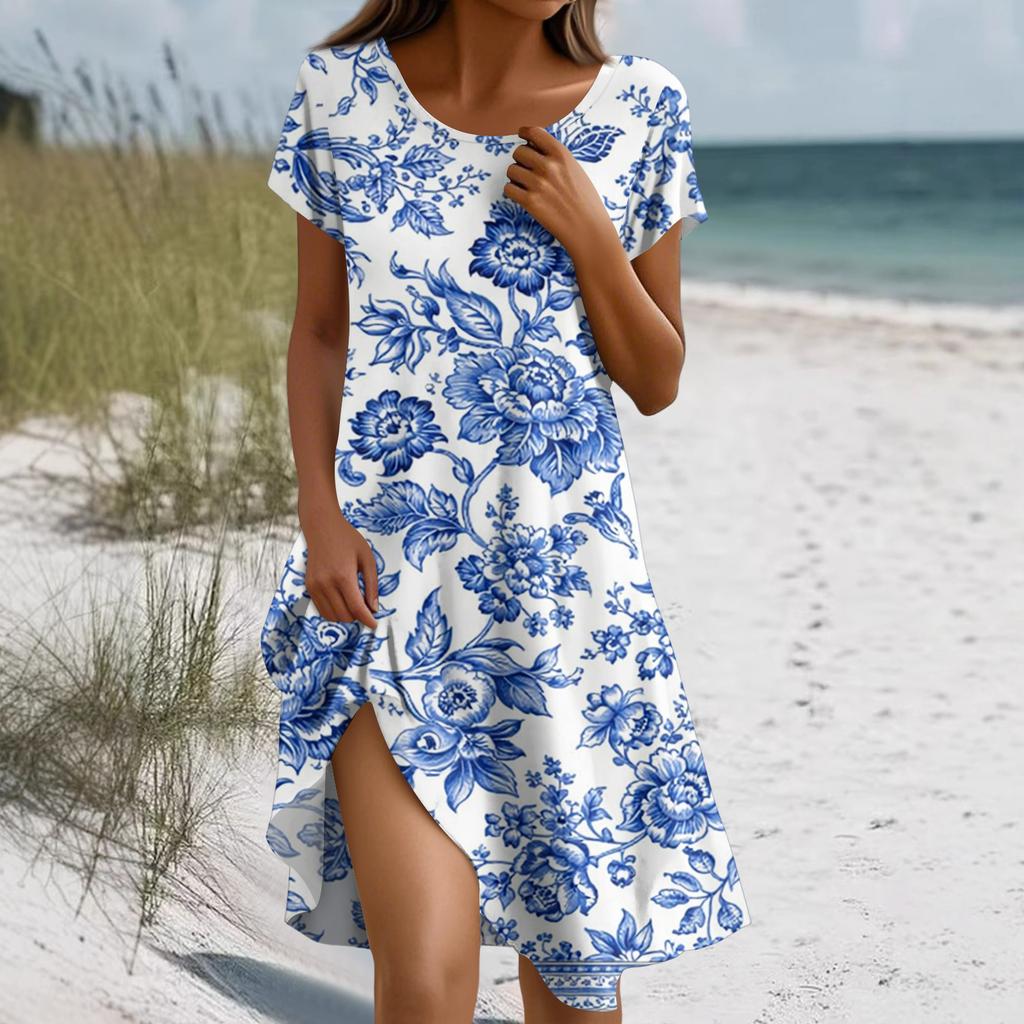 Платье в стиле бохо с коротким рукавом для женщин, повседневное, свободного кроя, летнее, сарафан с цветочным принтом и карманами