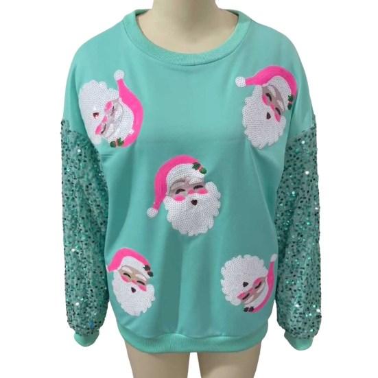 Женская рождественская толстовка с пайетками и мультяшным узором, круглый вырез, длинный рукав, свободный пуловер средней длины