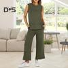 2 Pcs/Set Women Top Pants Set Solid Color Round Neck Sleeveless Side Slit Loose Vest Wide Leg Side Pockets Trousers Daily Wear Commute Vacation Outfit