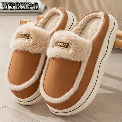 Пара ПУ толстый плоский каблук плюшевые теплые домашние тапочки искусственная кожа закрытый носок осенне-зимние хлопковые тапочки