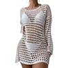 Summer Sexy Bikini Cover Up O-neck Long Sleeve Crochet Beach Dress Solid Color See-through Hollow Swimsuit Cover Up