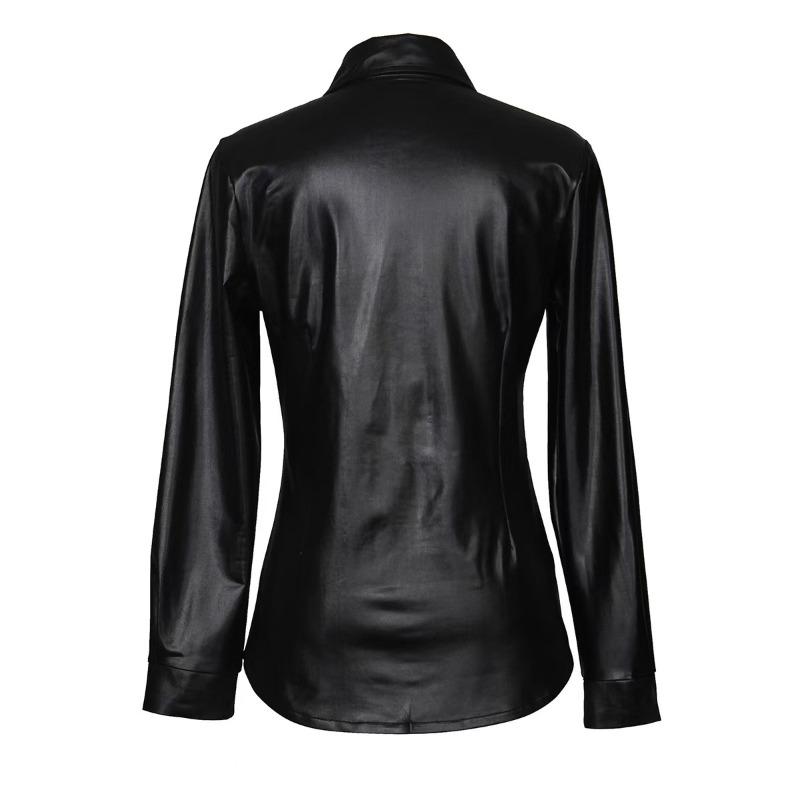 Women's Casual Short Long Sleeve Blazer with Breast Pocket Buttons Faux PU Leather Shirt Jacket