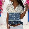Women Plus Size Collared Neck Short Sleeve Button Front Floral Printed Color Block Shirt