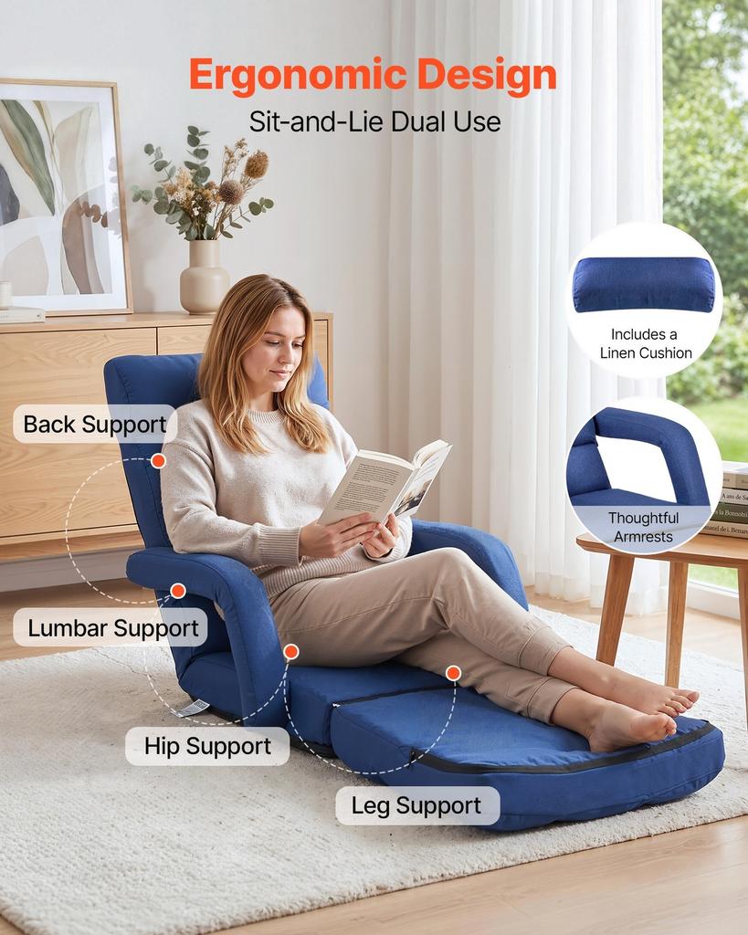 Floor Chair, 5 Adjustable Positions Folding Floor Gaming Chair with Back Support, Armrests, and Cushion, Sturdy Metal Frame with Recycled Foam and