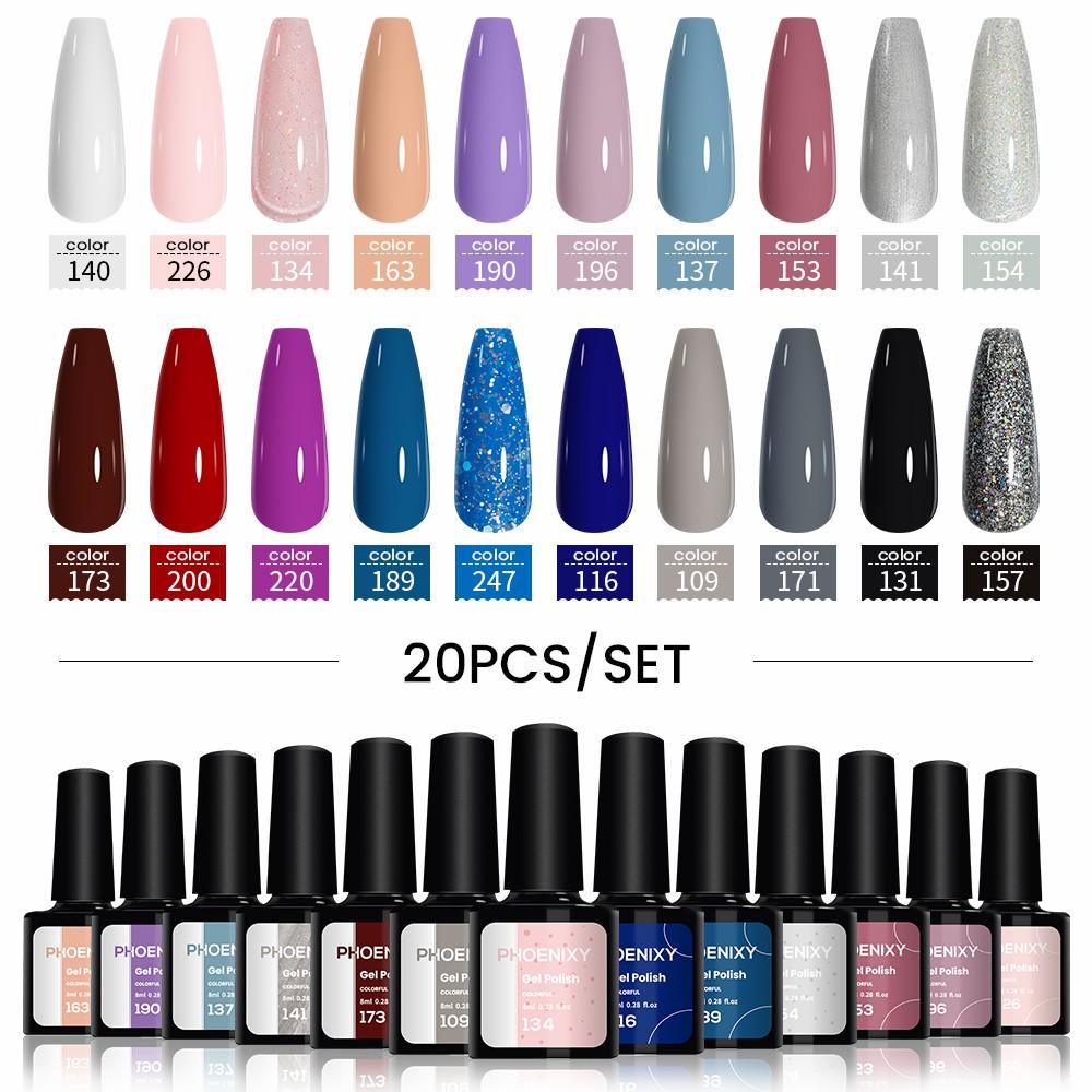 PHOENIXY, 20 шт., набор гель-лаков для ногтей, набор геля для замачивания с чистым цветом для дизайна ногтей, стартовый набор для начинающих, сделай сам, дома