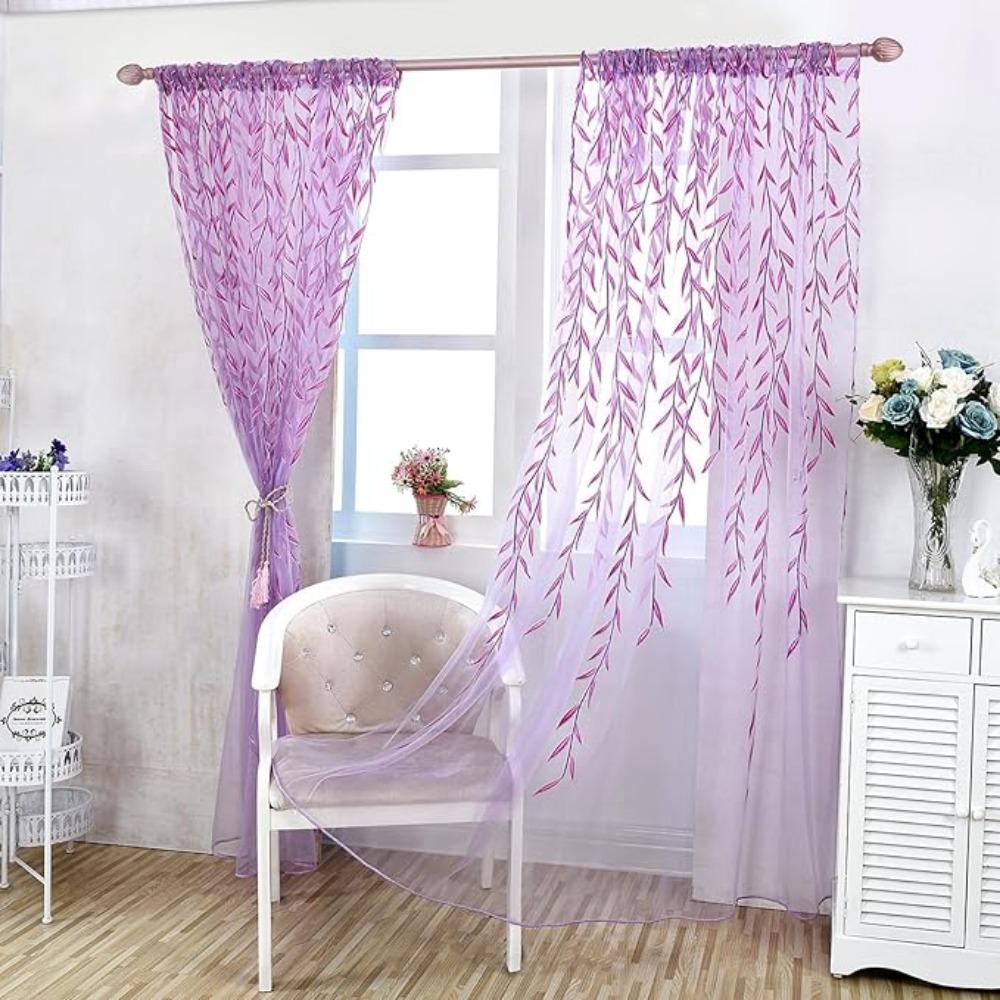 2 Pieces Voile Tulle Willow Leaf Window Curtain Room Salix Leaf Sheer Vine Drapes Curtain Willow Leaf Curtain for Living Room Bedroom Balcony