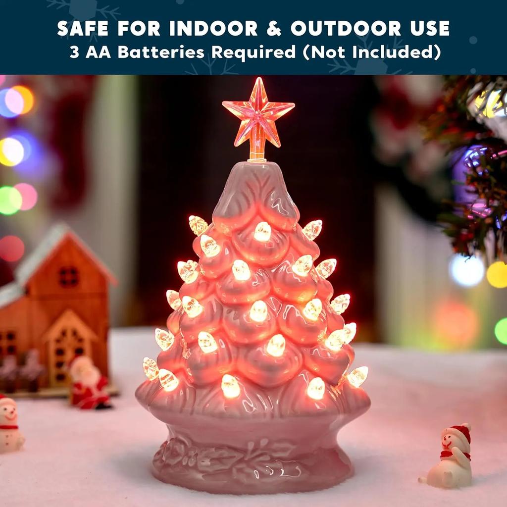 JOYFY Розовая керамическая рождественская елка 7 дюймов с подсветкой, настольная рождественская керамическая елка с очень прозрачной верхушкой-звездой для рождественского праздничного подарка