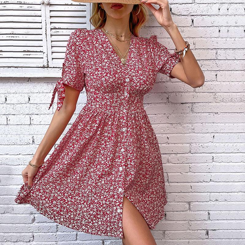 YYFS Women's Fashion Summer Spring Floral Print Short Sleeve V-Neck Casual Dresses