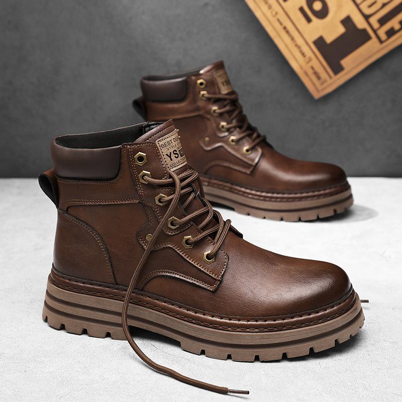 Fashion Genuine Leather Ankle Boots Man Round Toe Style Outdoor Motorcycle Boots Warm Plush Fur Winter Boots for Men Comfy Walking Shoes