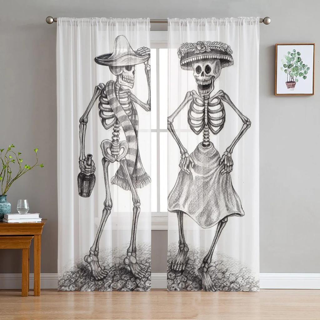 Black Skull Sheer Curtains Living Room Window Tulle Curtains For Bedroom Kitchen Home Decoration Voile Drapes