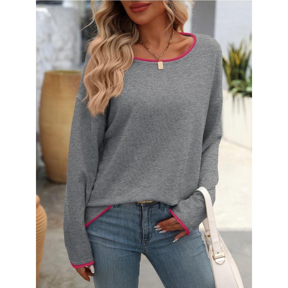 Autumn Casual Contrasting Color Pullover Knitted Top 2024 New Women's Clothing Round Neck Long Sleeved Sweater