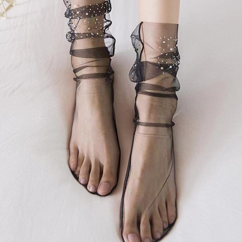 Women Socks Transparent Glitter Crystal Silk Lace Elastic Short Ankle Socks Elegant Ladies Rhinestone Sock See Through Mesh Sock