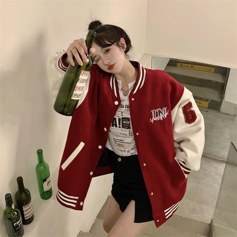Danmo Letter Printed Baseball Jacket Womens Fall Jackets Bomber Jacket Women Coats Fleece