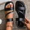 Low Sandals Woman Leather Large Size Low-heeled Big Rubber Slides Buckle Strap PU Hoof Heels Fabric Low Sandals Woman Leather La