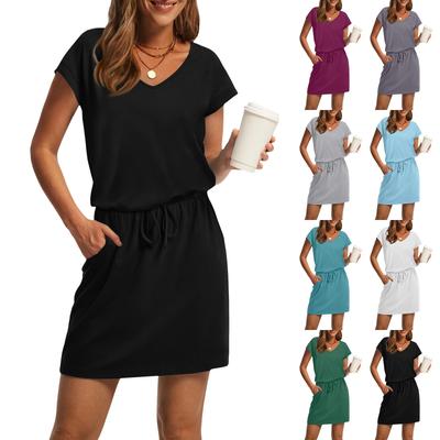 Женская летняя футболка с V-образным вырезом, повседневная, с коротким рукавом, на шнурке, с карманом, однотонные платья