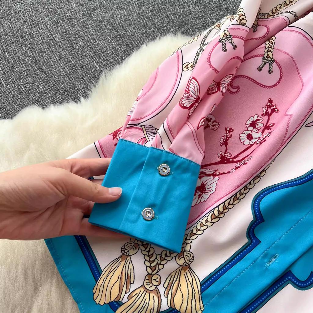 Spring Autumn Runway Designer Chain Flower Print Two Piece Set Women Long Sleeve Shirt Top And Elastic Waist Wide Leg Pant Suit