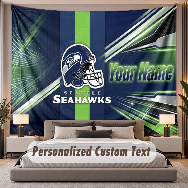 Custom Name Text Tapestry Seattle Seahawks Personalized Polyester Wall Tapestry For Bedroom And Room