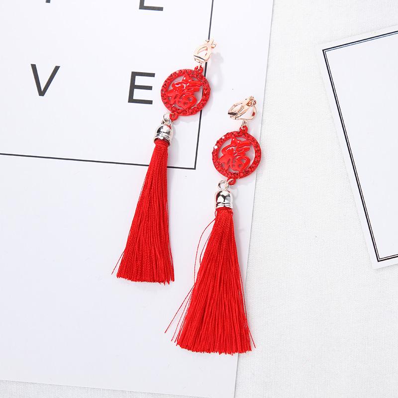 Серьги-клипсы в древнем стиле ханьфу с красными кисточками и узлом для непроколотых ушей — свадебный китайский ретро-дизайн