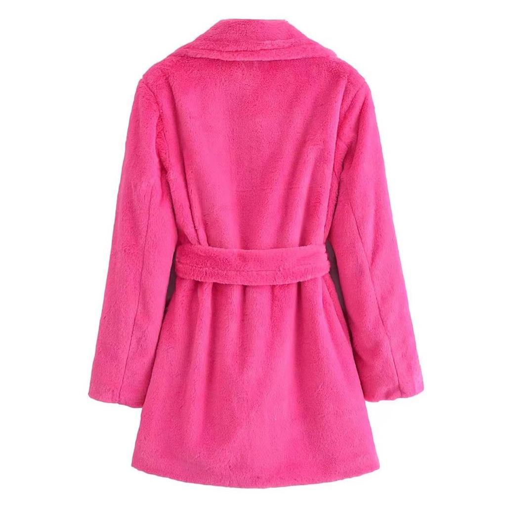 2024 Новая розово-красная куртка из искусственного меха с поясом, женское плюшевое пальто, пиджак с воротником, средняя длинная пушистая куртка, женская весенне-осенняя модная верхняя одежда