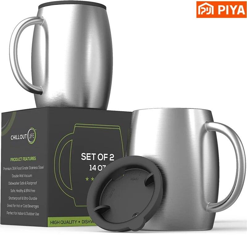 Набор изолированных кофейных кружек из нержавеющей стали, кофейные чашки с двойными стенками и устойчивой к разливу крышкой, прочная ручка, вакуумная чашка для воды, бутылка