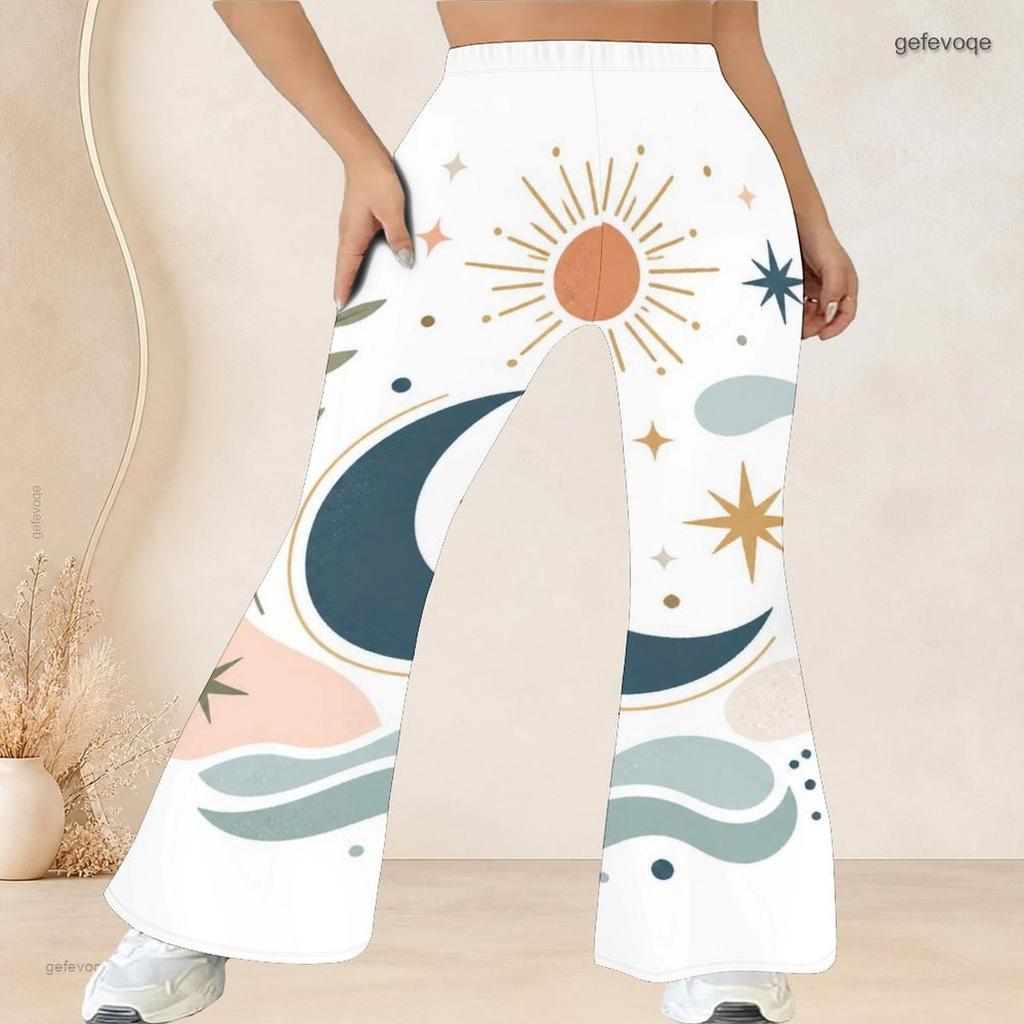 Women Plus Size High Waist Retro Motorcycle Scenery Print Flare Pants For Edgy Street Casual Look
