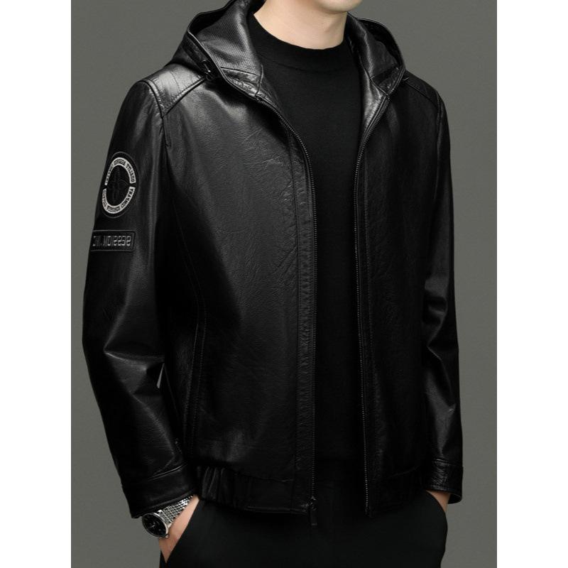 Men's Oil Wax Cowhide Leather Jacket Hooded Jacket Autumn and Winter New Fashion Trend Locomotive Leather Jacket