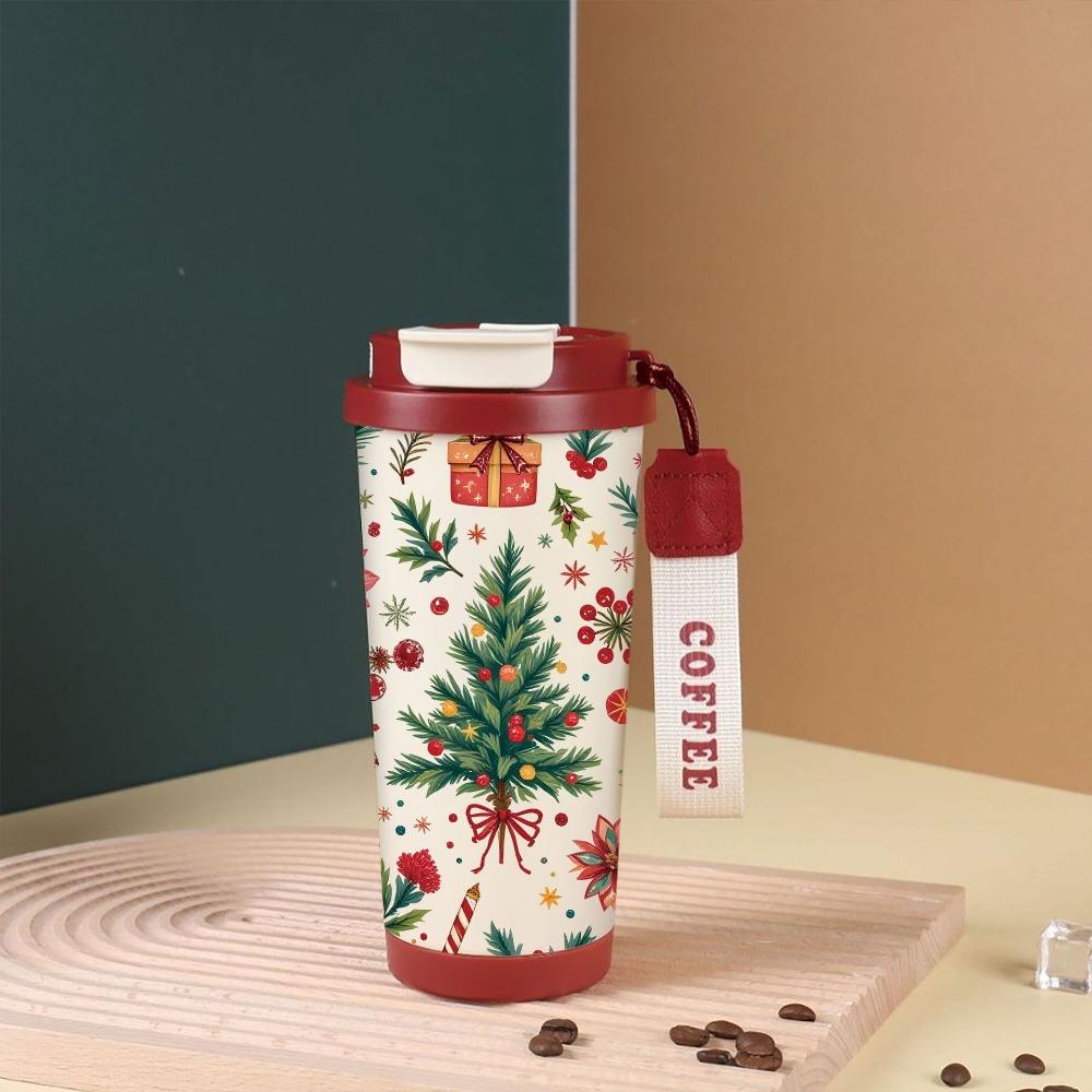 Christmas Tree Print Insulated Cup Xmas Thermal Water Bottle  for Office Workers