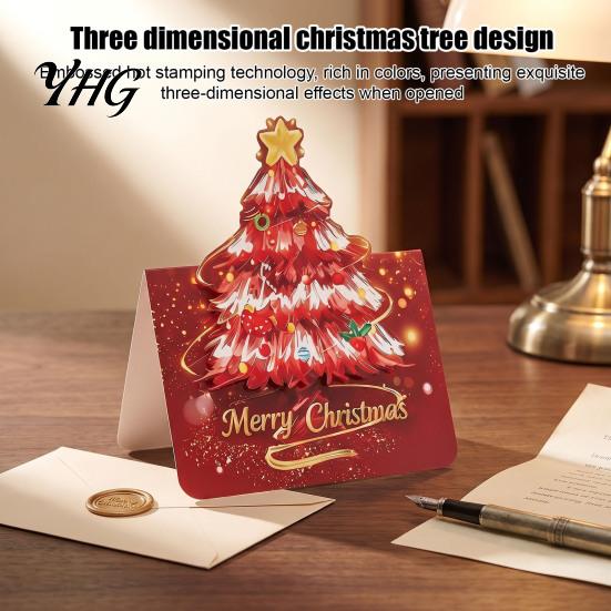 Premium Paper Cards for Christmas Season 10 Pcs 3D Tree Greeting Cards, Holiday Postcards Blank Note Hand Written Blessings Bulk New Year, Winter Xmas