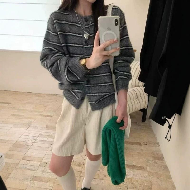 Womens Oversized Knit Cardigan Casual Korean Style Colorblock Stripe Loose Fit Soft Warm Sweater Jacket