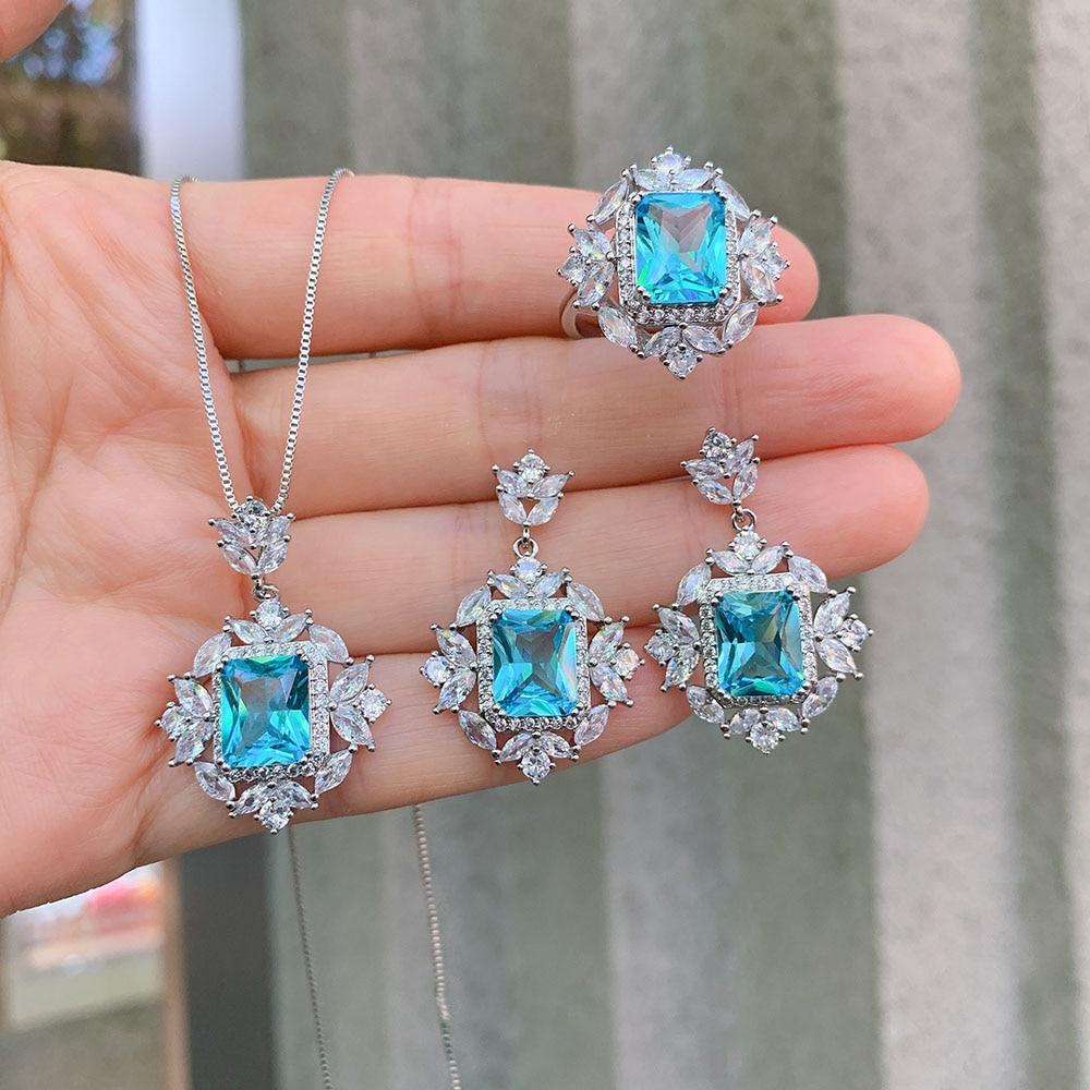 925 Sterling Silver Wedding Jewelry Sets For Women Vintage 8 *10mm Aquamarine Stone Rings /Earrings /Pendant /Necklace Birthday Gift