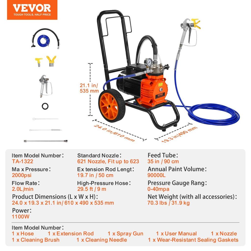 Cart Airless Paint Sprayer Diaphragm Paint Airless Sprayer 1100W Electric