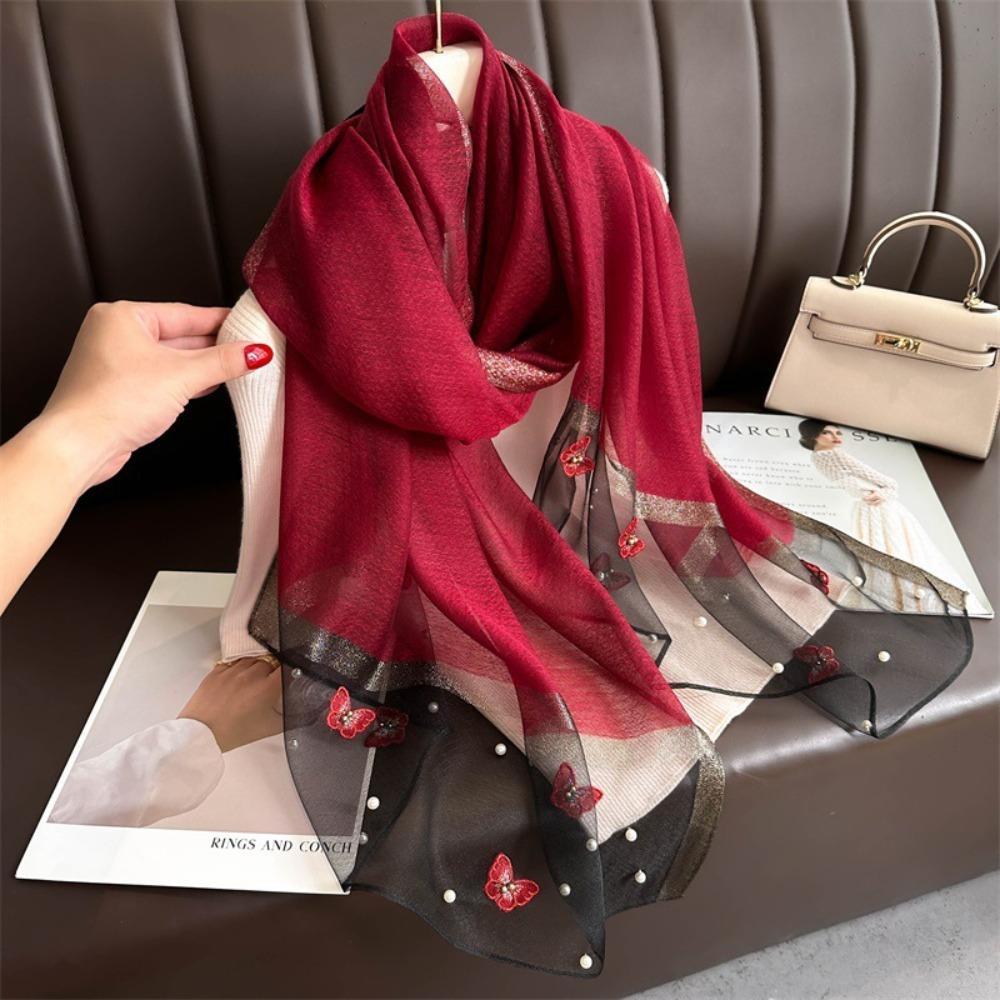 Thin Butterfly Embroidery Scarf Pearl Women Hijab Shawls Elegant Silk Scarf Lady