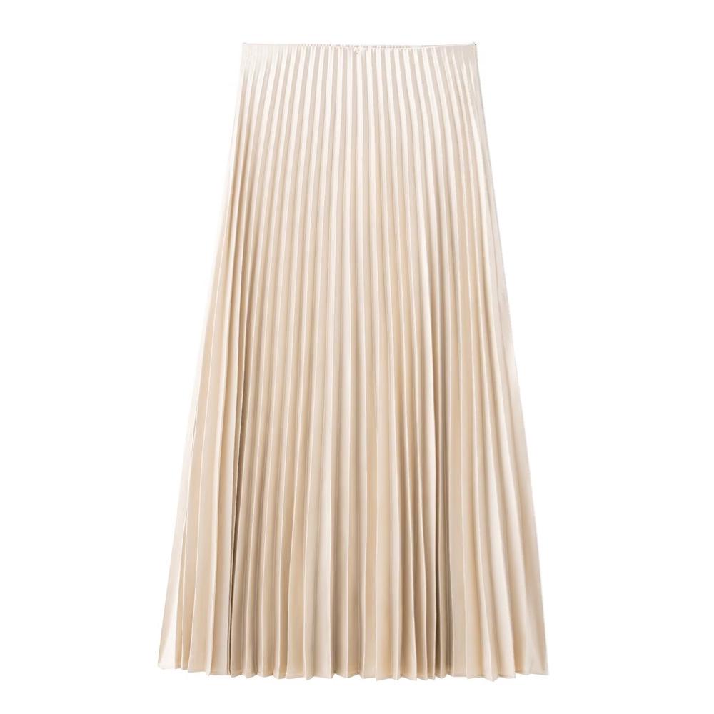 Весна 2025 Женская приталенная миди-юбка из шелкового сатина с плиссировкой и высокой посадкой