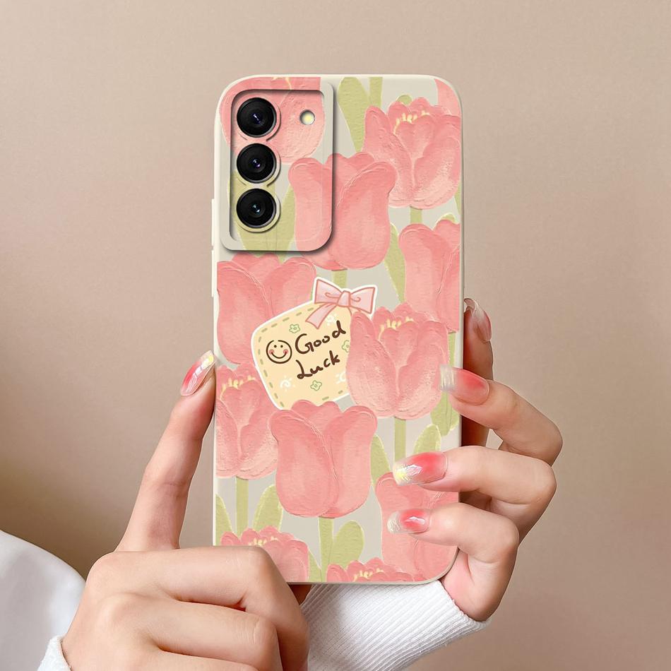 Case For Samsung S22 Ultra Plus Floral Liquid Silicone Camera Protection Back Cover For Galaxy S 22 S22Ultra S22+ Coque Bumper