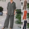 Women's Cotton Linen Two Piece Set Half Sleeve Button Down Shirt Wide Leg Pants Set Casual Tracksuit for Spring Summer Autumn