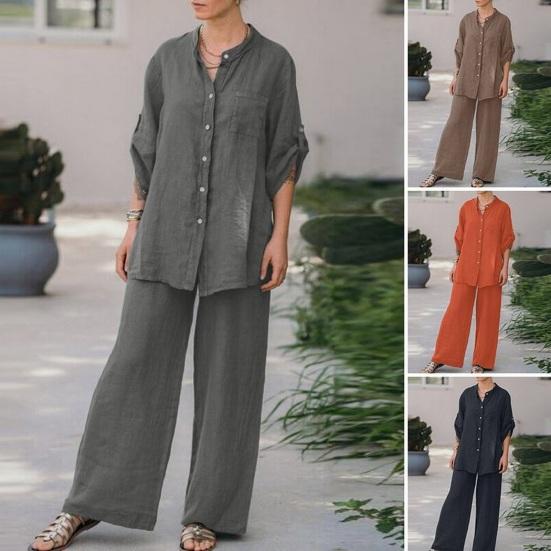Women's Cotton Linen Two Piece Set Half Sleeve Button Down Shirt Wide Leg Pants Set Casual Tracksuit for Spring Summer Autumn