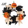 Reusable Holiday Pendant Pumpkin Candle Ring Leaves Berries Maple with Black 26cm Artificial Window Hanging Ornament Halloween Wreath for Table