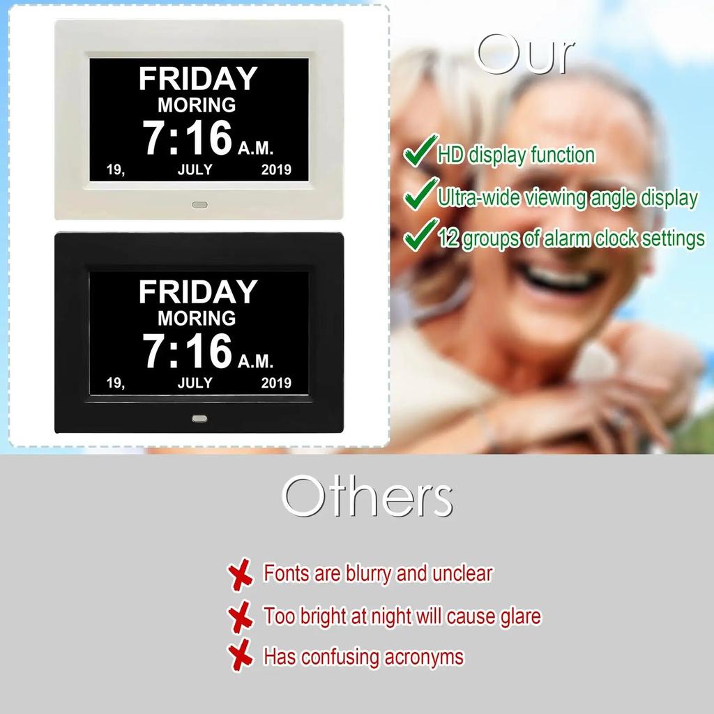 7-дюймовый большой экран, цифровой календарь, часы на день, 8 языков, время, дата, месяц, год, часы для слабоумия для пожилых людей, старый Peo I5J8