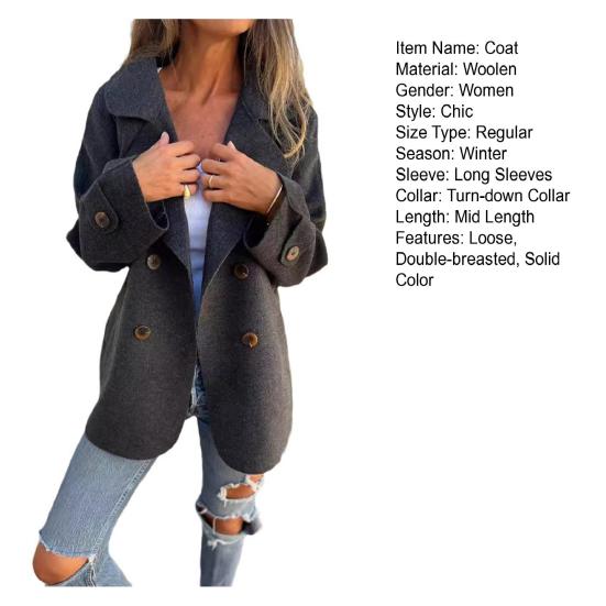 Women Winter Overcoat Turn-down Collar Solid Color Double-sided Woolen Double-breasted Loose Fit Coat Thermal Long Sleeved Commuting Dating Coat