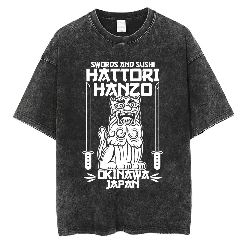 Hattori Hanzo RED Swords and Sushi Kill Bill Okinawa Japan Tarantino Vintage Washed T Shirts Men Women Casual Retro Streetwear
