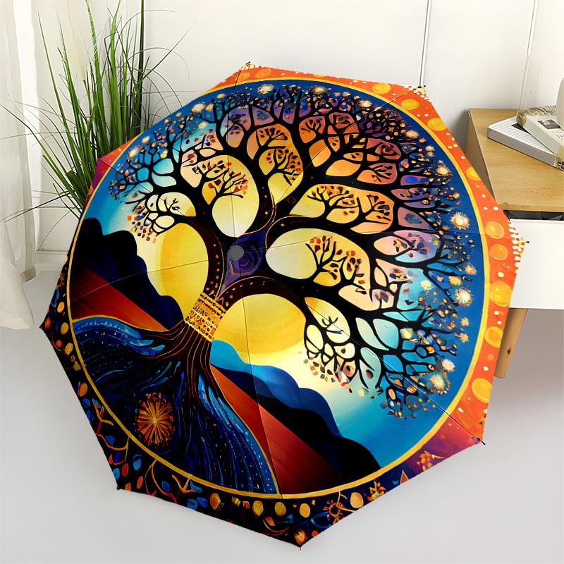 Tree of Life Mandala Wall Art: Colorful Circular Decor for Home or Office Umbrella, Cute Umbrella with Cute Design, Portable 3-Fold Compact Umbrella f