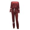 2 Pcs/Set Women Top Pants Suit Round Neck Long Sleeves Striped Solid Color Sweatshirt Drawstring Elastic Waist Trousers