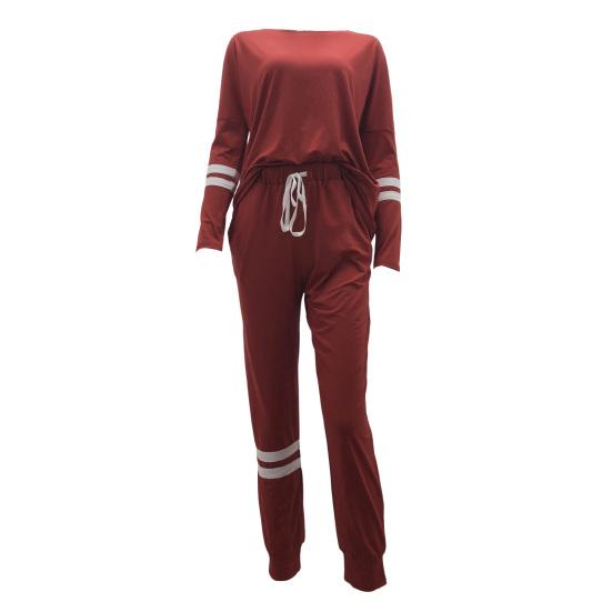 2 Pcs/Set Women Top Pants Suit Round Neck Long Sleeves Striped Solid Color Sweatshirt Drawstring Elastic Waist Trousers