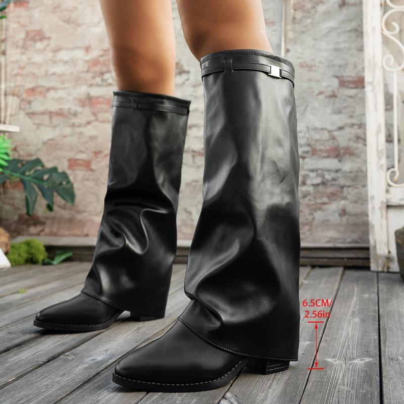 Осень Новые Туфли-лодочки с острым носком, Металлическая пряжка, Мягкая подошва, Нескользящие, Износостойкие, Блочный каблук, Одинарные туфли, Сапоги с широким голенищем