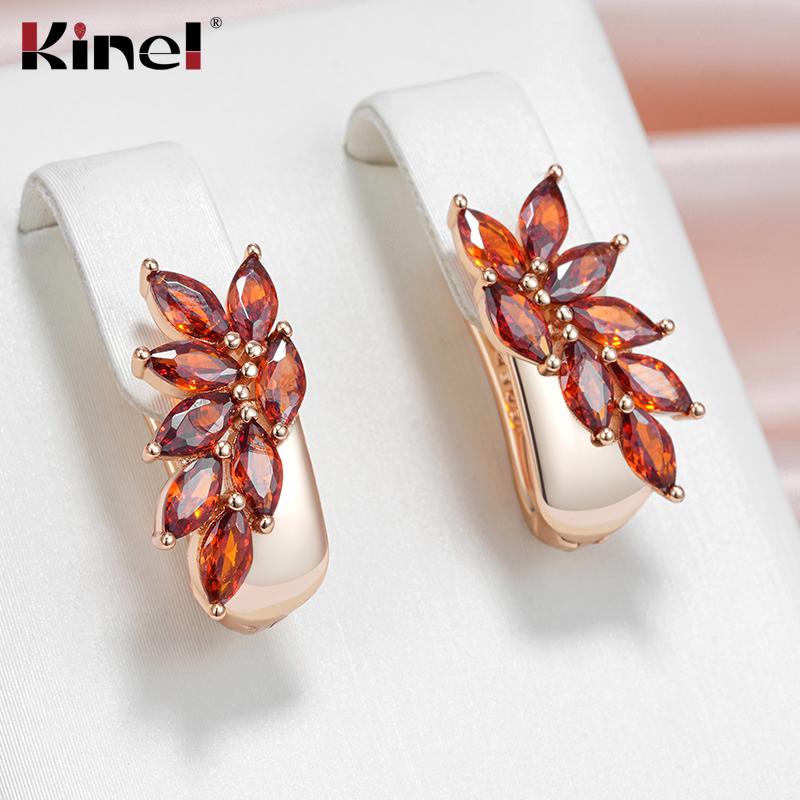 Серьги-подвески из красного циркония Kinel для женщин, розовое золото, ювелирные изделия, свадебные серьги для невесты, подарок