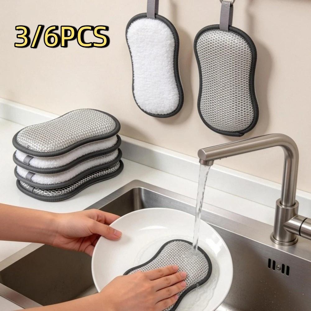 3/6PCS Microfiber Double-Sided Dishcloth Thickened Pot Scrubber Cleaning Sponges Pot Washing