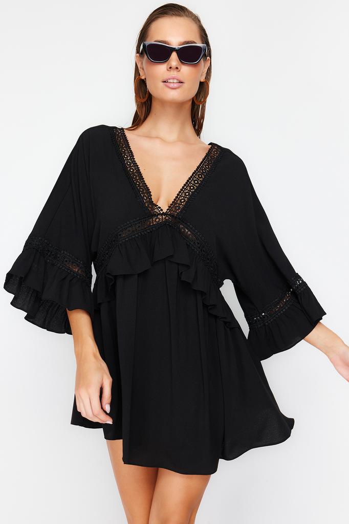 Women's Fashion New Dress Black Mini Woven Ribbon Accessories Beach Dress