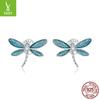 Blue Oil-Dripping Dragonfly Stud Earrings, Niche Temperament Insect S925 Silver Earrings Bse455
