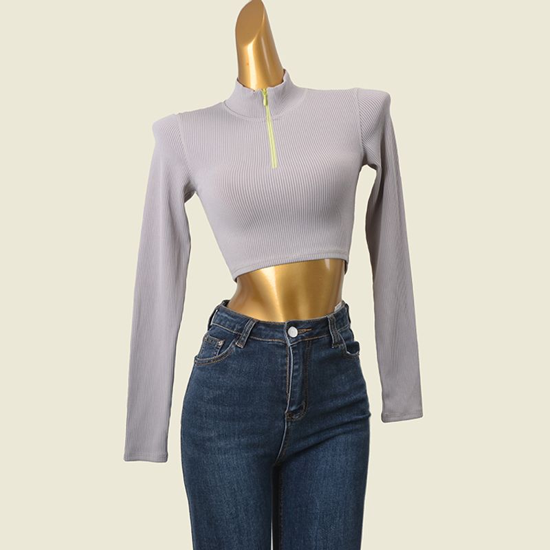 Export Fashion Card Zip-up Turtleneck Silm High Waist Tops Fashion Wind Thread Sexy Short Tops