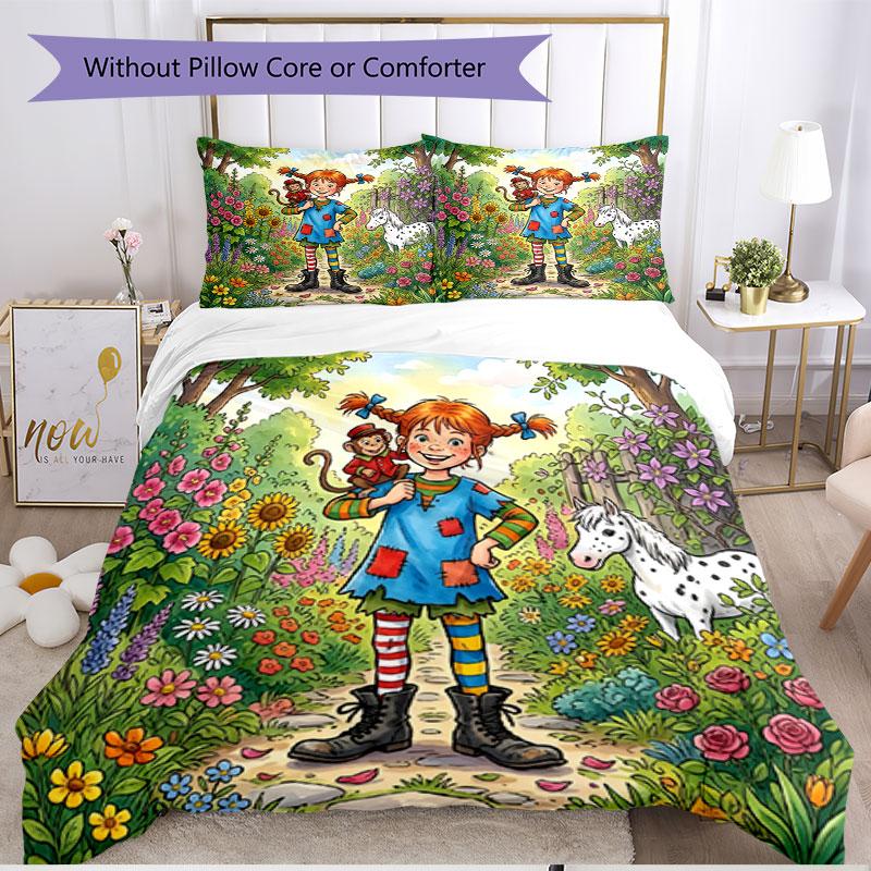 3pcs Duvet Cover Set (1*Duvet Cover + 2*Pillowcase, Without Core), Pippi Longstocking Print Soft All‑Season Bedding Set, Home Bedroom Decor Gift
